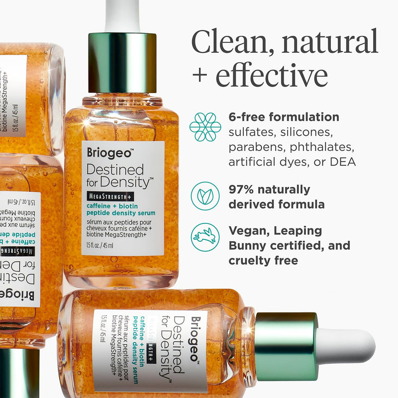 Briogeo Destined For Density MegaStrength+ Caffeine + Biotin Peptide Density Serum, Increases Hair Thickness and Volume, Fast-Absorbing & Non-Greasy, Fragrance-Free, Vegan, Cruelty-Free, 1.5 fl oz