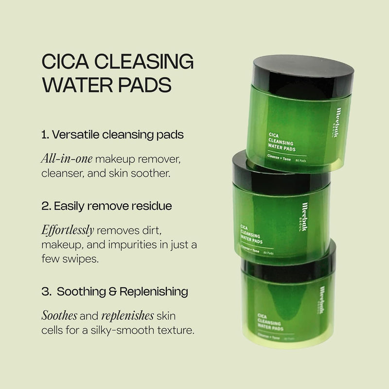 Meebak Cica Cleansing Water Pads | Makeup Remover Pads | Face Cleansing Wipes | Exfoliation Toner Pad | Hydrating & Toning for Sensitive Skin - 80ct