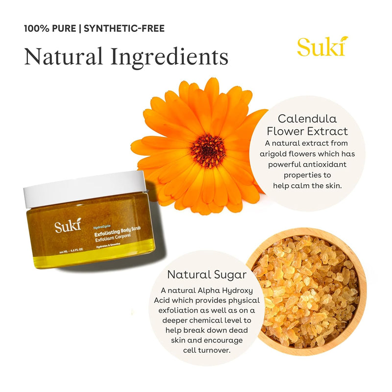 Suki Exfoliating Body Scrub With Calendula Oil and Alpha Hydroxy Acid, Hydrating And Deep Cleaning Sugar Scrub, 6.09 Oz