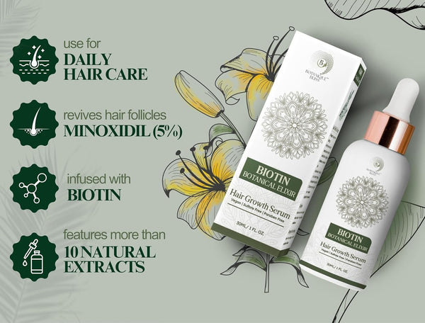 Hair Growth Serum For Men & Women - Advanced Formula for Fuller, Healthier Hair, Nourish Scalp - 5% Minoxidil, Biotin, ProVitamin B5 - Plant-Powered, Vegan - 1 Fl Oz
